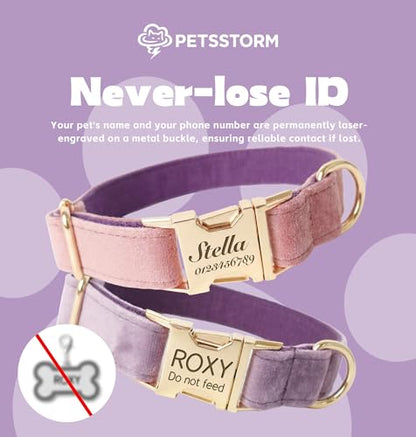 Dog Collar Personalized with Name Engraved - Light Gold Quick Release Buckle, Soft Velvet Lined, Comfortable Gift for Small, Medium, Large Dogs - color: Multicolor Velvet