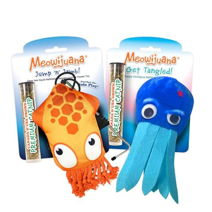 Meowijuana Purrfect Pairing Jump 'n' Jamb Squid Door Hanging Cat Toy and Get Tangled Octopus | Refillable Interactive Catnip Toy | Includes Potent Catnip Grown in North America - color: Squid & Octopus Toy
