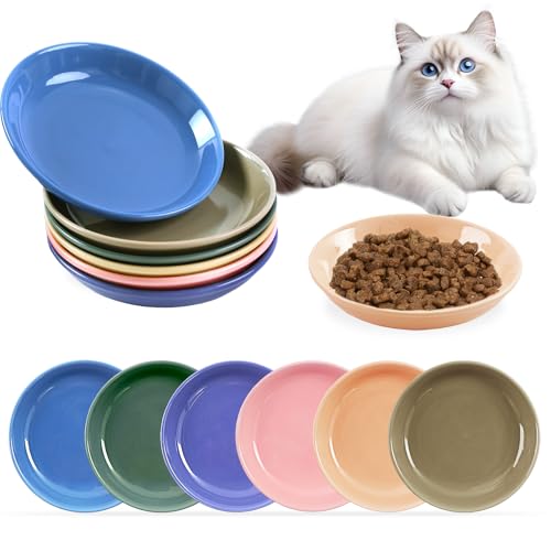 6 Pack Cat Food Bowl, Ceramic Cat Bowls, Anti Whisker Fatigue Cats Bowl Set,5.5 Inches Shallow Wide Kitten Plates for Food and Water (CaiSe-B) - color: CaiSe-B