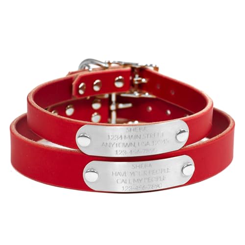 Handmade Personalized Bridle Leather Dog Collar, Engraved Stainless Steel Nameplate (Red) - color: Red