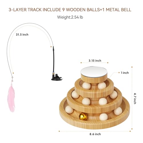 Wooden Cat Ball Track Toy 3-Layer Cat Ball Tower Toy with Suction Cup Cat Teaser Wand Set,Bamboo Cat Toys for Indoor Spinning Bell Balls Kitten Exercise Mental Physical,3pcs Replacement Feathers