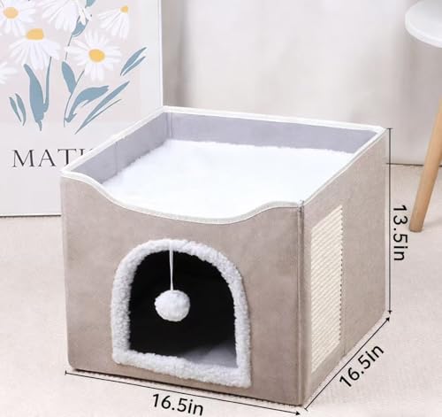 Modern Indoor Cat House Cube with Scratching Post and Play Ball, Easy to fold, disassemble, and Clean，Compact Pet Apartment for Small Cats (Khaki) - color: Khaki
