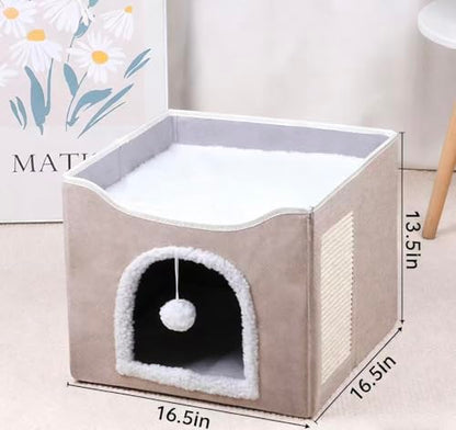 Modern Indoor Cat House Cube with Scratching Post and Play Ball, Easy to fold, disassemble, and Clean，Compact Pet Apartment for Small Cats (Khaki) - color: Khaki