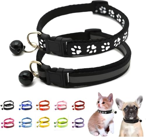 Cat Collar with Bell, 2-Pack Basic & Reflective Cat Collar with Bells for XXS Xs Small Pet Dogs Boy Tiny Kitten Girls Animal,Neck 7-12 Inch (Black, Neck 7-12") - color: Black