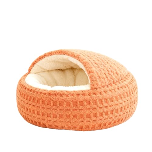 Hooded Plush Cat Bed - Semi-Enclosed Shell Pet Nest, Cozy Warming Anti-Slip Bed for Puppies & Kittens(Orange,S) - color: Orange, size: S