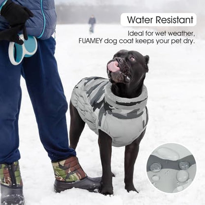 FUAMEY Dog Coat for Small Dogs,Waterproof Dog Winter Jacket with Harness Built in Puppy Cold Weather Coats Reflective Pet Vest with Zipper Warm Fleece Dogs Snowsuit Windproof Grey Camo XS - color: Grey Camo, size: XS(chest:14in)