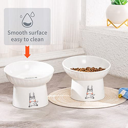 6.5 Inch Extra Wide Ceramic Raised Cat Bowls, Porcelain Tilted Elevated Cat Food Water Bowl Dish, Stress Free Pet Feeder Bowls Dishes for Elder Big Cats & Small Dogs, White - 2 Pack - color: White & White