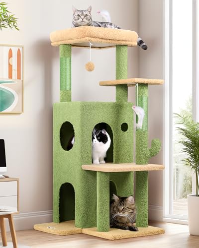 Globlazer Cactus Cat Tree Tower for Indoor Cats, 50-inch Adult Cat Tree House for Large Adult Cats with Steps, Scratching Post, 2 Cat Caves, Dangling Toys, FC50, Green - color: Cactus