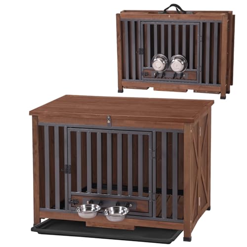 Folding Dog Crate Furniture, Wooden Dog Crate End Table with 360°Rotatable Removable Dog Bowls &Tray, Modern Kennel for Dogs Indoor for Small, Medium Dogs- Portable - color: Dark Brown