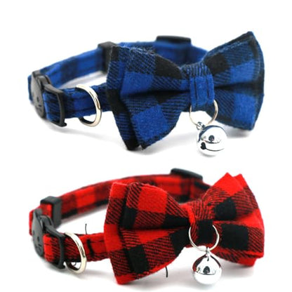 2-Pack Plaid Cat Collar with Bell and Bow, Breakaway Kitten Collar with Bell, Bowtie Puppy Collars for XXS Xs Small Little Pet Tiny Dogs, Red+Blue - color: Red+Blue