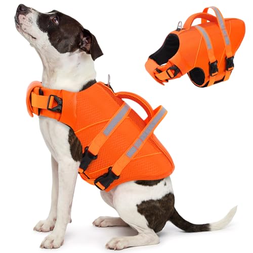 Queenmore Small Dog Life Jacket for Swimming, Boating & Beach, High-Visible Ripstop Lightweight Pet Life Vest with Rescue Handle & Leash Hook for Puppies 8-15 lbs, Orange - color: Hi-Vis Orange, size: Small