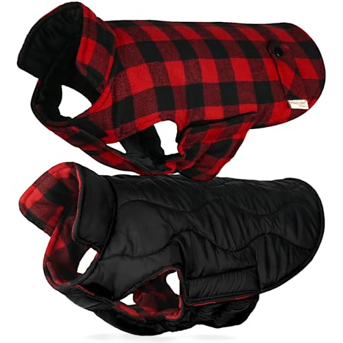 VIVAGLORY Softjoy Dog Coat, Dog Jacket for Winter & Christmas, Coat with Harness Hole, Reversible Plaid Checkered Warm Fluffy Heavy Duty for Puppy, S, Red Black - color: Red Black (Reversible Design), size: S: 18-24in (Chest Girth)