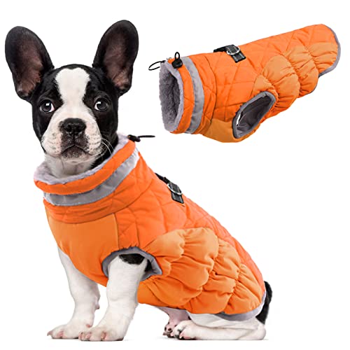 Lelepet Dog Coat Warm Dog Winter Coat Waterproof Dogs Jacket with Harness Built in Reflective Pet Fleece Vest Zip-Up Cold Weather Coats for Small Dogs Turtleneck & Windproof Chihuahua Blaze Orange XS - color: Orange, size: X-Small
