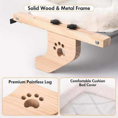 Cat Sill Window Perch Sturdy Hammock Window Seat with Cushion Bed Cover, Wood & Metal Frame for Large Cats, Easy to Adjust Cat Bed for Windowsill, Bedside, Drawer and Cabinet (M)