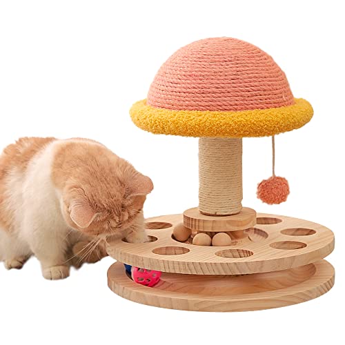 Cat Scratching Post with Hanging Ball,Cat Turntable Ball Toy,Cat Mushroom Sisal Scratcher,Kitten 2 Layer Wooden Track Spinning Balls,Fun Turntable Toy for Indoor Cats Physical Exercise