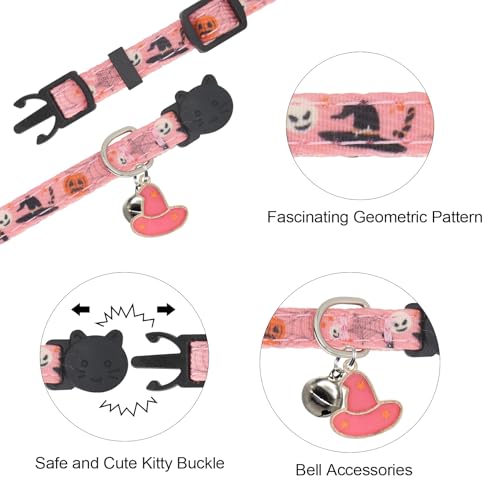 Halloween Cat Collar, Cotton 2 Pack Cat Collar with Bells, Breakaway Collars for Girl Boy Cats Kittens, Halloween Pink - color: Halloween Pink