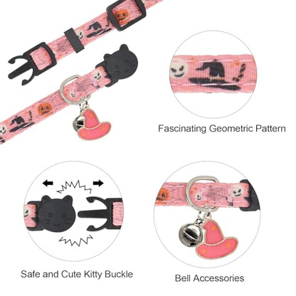 Halloween Cat Collar, Cotton 2 Pack Cat Collar with Bells, Breakaway Collars for Girl Boy Cats Kittens, Halloween Pink - color: Halloween Pink