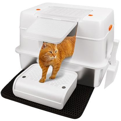 Vivifying Stainless Steel Litter Box with Lid, XL Side Entry Extra Large Litter Box for Big Cats & Kitty, Removable Enclosed Metal Cat Pan with High Sided Enclosure, Scoop, Mat, Footboard (Beige) - color: Beige