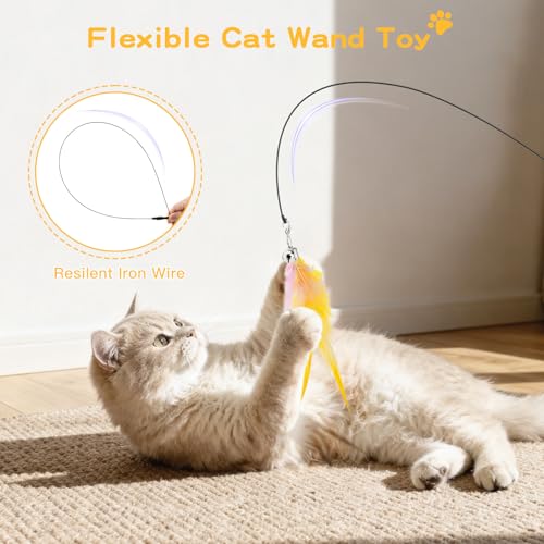 Pawaboo Feather Teaser Cat Toy, Interactive Feather Wand Cats Toy Flying Feathers Cat Catcher with Extra Long 34.5" Wand and Small Bell, Exerciser Playing Toys for Kitten or Cats, Pink+White+Yellow - color: Pink+White+Yellow