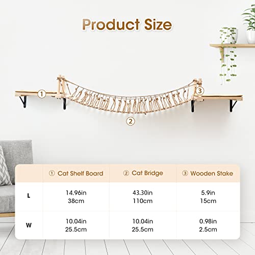 A.FATI Wall-Mounted Cat Roped Bridge Long for Indoor Cats, Cat Wall Shelves for Sleeping, Playing, Climbing, Wooden Cats Bed and Perches with Sisal Scratch Mat