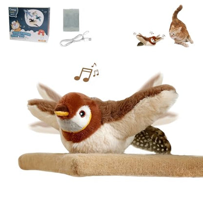 Flapping Bird Cat Toy, No Flying, Flapping & Chirping Wings Sparrow with Catnip, Rechargeable Touch Activated for Cats, Kitten or Small Dogs to Interact & Play