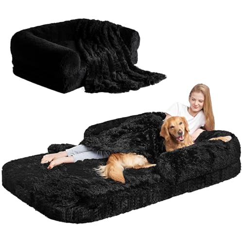 EHEYCIGA Foldable Human Dog Bed, 72"x44"x11" Orthopedic Memory Foam Human Sized Dog Bed, Waterproof Pet Bed for People, Faux Fur Pet Couch for Adult with Non-Slip Bottom, Black - color: Black, size: 72x44x11(Folded 44x36)