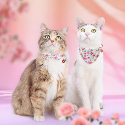 SCENEREAL Spring Cat Collar Breakaway with Bells, 2 Pack Cute Flower Pet Collar with Removable Bow Tie and Bandana, Adjustable Safety Buckle with Daisy Pendants for Girl Cats Kitten - color: Bandanas & Bow (Floral-White)