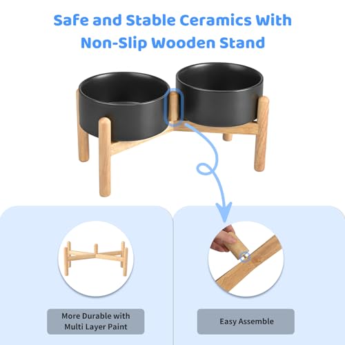 SPUNKYJUNKY Ceramics Raised Dog Bowls with Wooden Stand - Elevated Dog Feeding Set (Double 28.7OZ, Black) - color: Black(Double Bowls Set), size: Medium - 3.6 CUPS