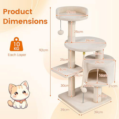 PETSITE 36-inch Multi-Level Cat Tree, with Sisal Scratching Posts, Comfy Top Perch, Cozy Condo, Playful Sisal Rope and Spring Ball, and Dangling Ball, Ideal for Indoor Cats and Kittens (Beige) - color: Beige