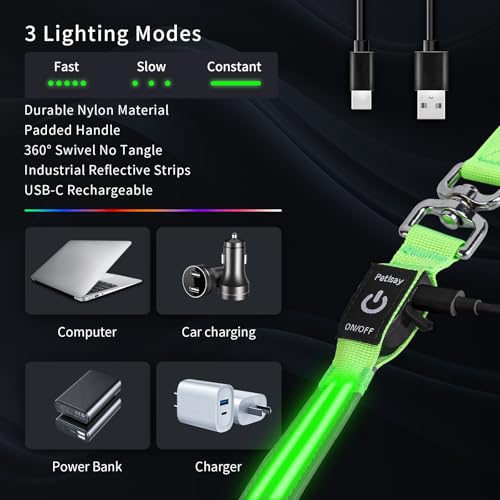 Night Walking LED Dog Leash - 6FT Reflective & Waterproof Light Up Safety Leashes for Dogs - USB Rechargeable, Green - color: Green(Fiber optic version)