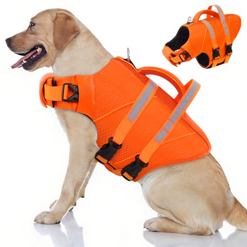Queenmore XXL Dog Life Jackets for Swimming, Boating & Lake, High Buoyancy Ripstop Reflective Pet Life Vest with Rescue Handle & Leash Hook for Large Sized Dogs 150 lbs, Orange - color: Hi-Vis Orange, size: XX-Large