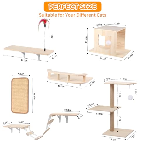 Cat Wall Shelves, Solid Wooden Wall-Mounted Cat Furniture, Set of 6 Cat Climbing Shelves with House, Bed, Bridge, Tree, Steps and Scratcher - color: Solid Wood