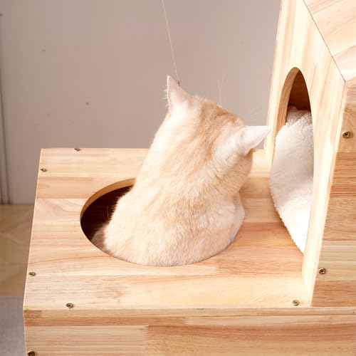 SHENGOCASE Modern Real Solid Rubber Wood Large Cat Tree Tower Castle with Big Enclosed Bed, House Condo, Scratching Post and Sisal Scratcher with Ladder for Multiple Cats