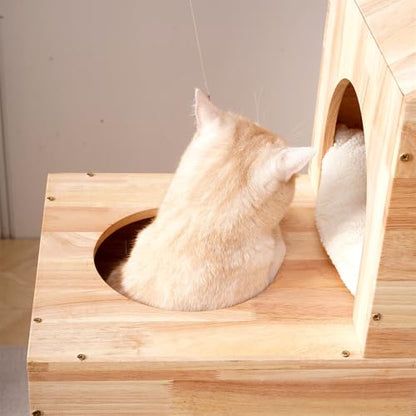 SHENGOCASE Modern Real Solid Rubber Wood Large Cat Tree Tower Castle with Big Enclosed Bed, House Condo, Scratching Post and Sisal Scratcher with Ladder for Multiple Cats
