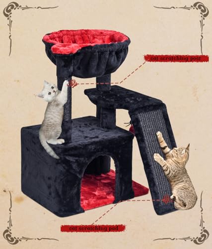 SYANDLVY Gothic Cat Tree for Indoor Cats Large Adult, Modern Activity Tower with Scratching Posts & Board, Condo with Plush Perch, Cradle & Hanging Ball & Spider for Play, Black - color: Black