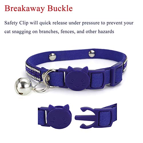 Mogoko Personalized Breakaway Cat Diamond Collar, Customized Bling Kitten Pet Collar with Engraved ID Name Plate and Bell（Blue） - color: Blue