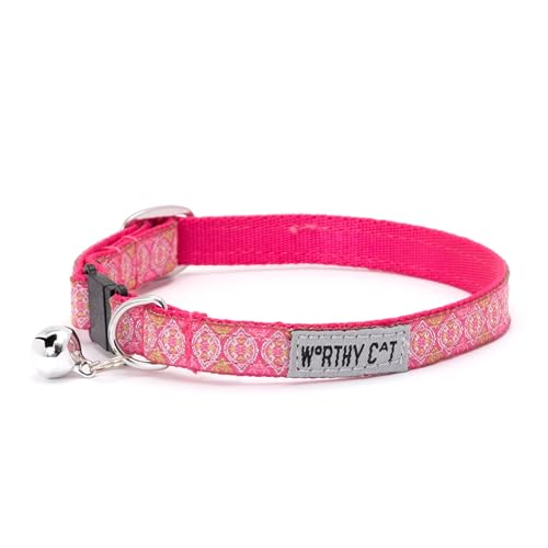 THE WORTHY DOG Patterned Medallion Cat Collar with Bell, Adjustable Nylon Safety Collar, Pink, One Size - color: Pink-Medallion