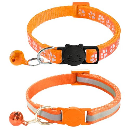 2 Pack Breakaway Cat Collars with Bells, Reflective Design and Claw Print Design, Safety Buckle Kitten Collars Adjustable from 7.5 to 12.5 Inches (Orange) - color: Orange