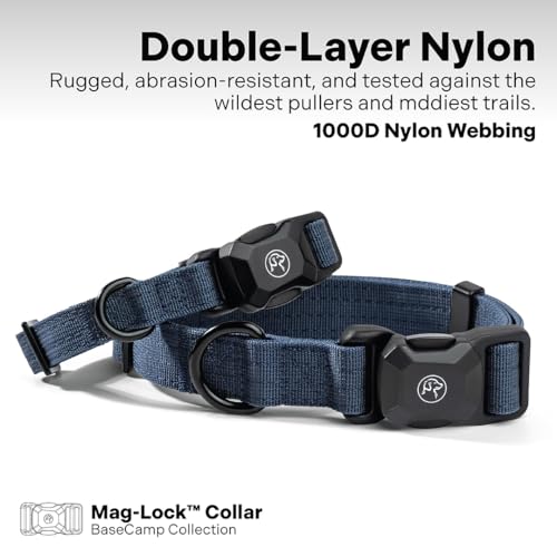 Heavy Duty Dog Collar with Quick-Release Magnetic Buckle, Adjustable Double Layer Nylon Dog Collar for Large Dogs (Navy Blue, L: 16" to 24") - color: Navy Blue, size: L: 16" to 24"