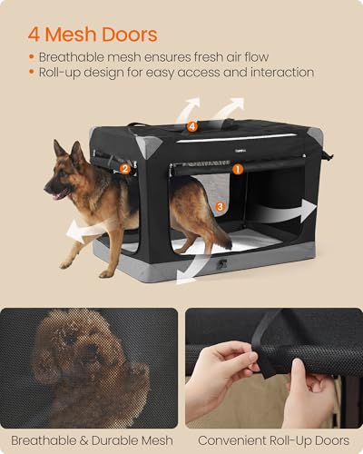 Feandrea Collapsible Dog Crate, Portable Oxford Fabric Pet Travel Crate with 4 Mesh Doors, Handles, Pocket, 42 Inches, for Large Dogs, Ink Black and Dove Gray UPDC031BH01 - size: XXL (42"L x 28"W x 28"H)