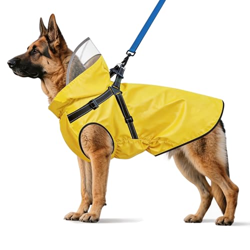 Dog Raincoat: Dog Rain Jacket with Reflective Harness & Removable Hood | Waterproof Dogs Rain Coat Poncho for Large Medium Small Dogs Puppies (Yellow - XXL) - size: XX-Large