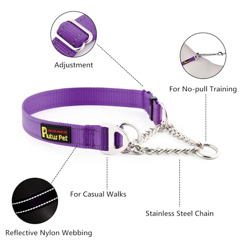 Plutus Pet Martingale Dog Collar with Stainless Steel Chain and Reflective Nylon, Adjustable No Pull Training Collar, for Small Medium, and Large Dogs, Purple, S - color: Purple, size: Small