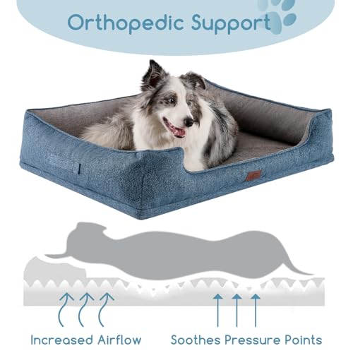 Hollypet Orthopedic Rectangle Dog Bed for Large Dogs, Supportive Egg-Crate Foam Pet Beds with Removable Washable Waterproof Cover and Non-Slip Bottom, Blue, 38" L x 29" W x 8.5" Th