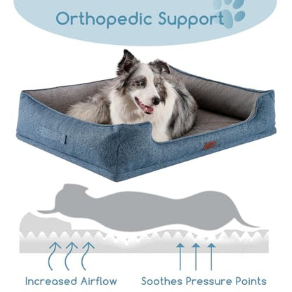 Hollypet Orthopedic Rectangle Dog Bed for Large Dogs, Supportive Egg-Crate Foam Pet Beds with Removable Washable Waterproof Cover and Non-Slip Bottom, Blue, 38" L x 29" W x 8.5" Th