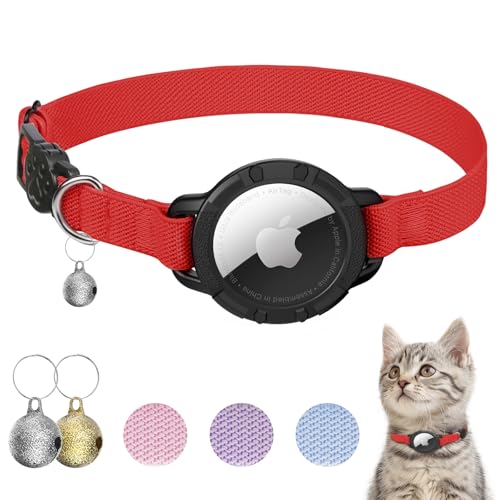 AirTag Cat Collars, Stretchy Collar with Apple AirTag Holder and Bell, Breakaway Ultra Design Elastic GPS Tracking Collars for Cats and Puppies, (7.5-12.5 Inch), Red - color: Red