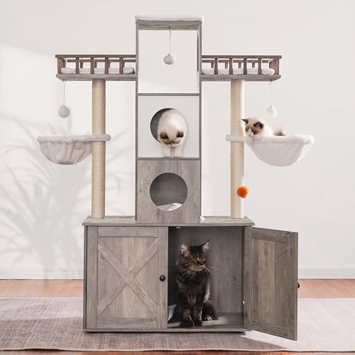 Heybly Cat Tree with Litter Box Enclosure for Indoor Big Cat, Cat Tower for Large Cats 20lbs Heavy Duty, Modern Cat Condo Furniture with Scratching Posts, Rustic Gray HCT110SG - color: Rustic Gray