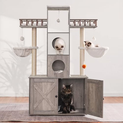 Heybly Cat Tree with Litter Box Enclosure for Indoor Big Cat, Cat Tower for Large Cats 20lbs Heavy Duty, Modern Cat Condo Furniture with Scratching Posts, Rustic Gray HCT110SG - color: Rustic Gray