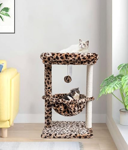 SYANDLVY Small Cat Tree for Indoor Cats, Unique Cheetah Leopard Print Cat Tree Tower for Kitties, Condo Furniture with Hammock & Sisal Scratching Posts - color: Leopard Print