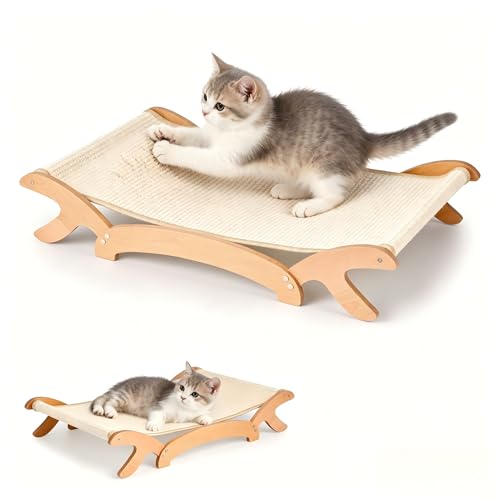 Elevated Cat Bed with Sisal Hammock for Cats, Large Sisal Scratcher Bed for Indoor Cats, Solid Beech Wood Frame up to 22Lbs (26.3" Lx16.1 Dx4.7 H)