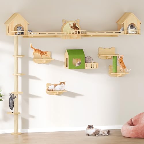 YITAHOME Cat Wall Shelves with Scratching Post, Cat Tower with Solid Wood Wall Shelves, Multi-Level Cat Climbing Furniture with Hideout & Runway - size: 21 pieces